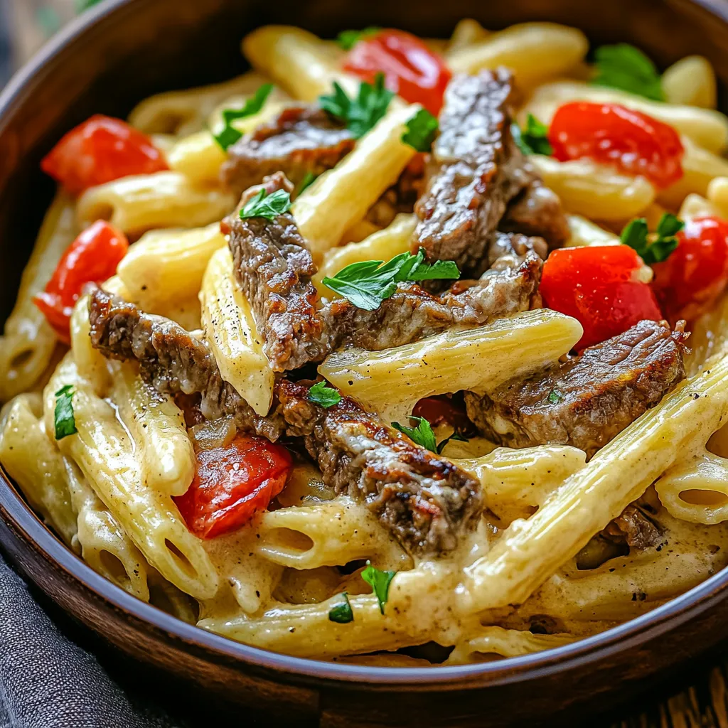 A bowl of pasta with meat and tomatoes.