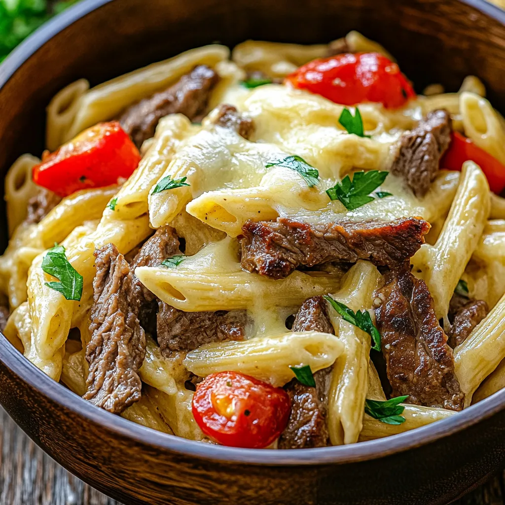 A bowl of pasta with meat and tomatoes.
