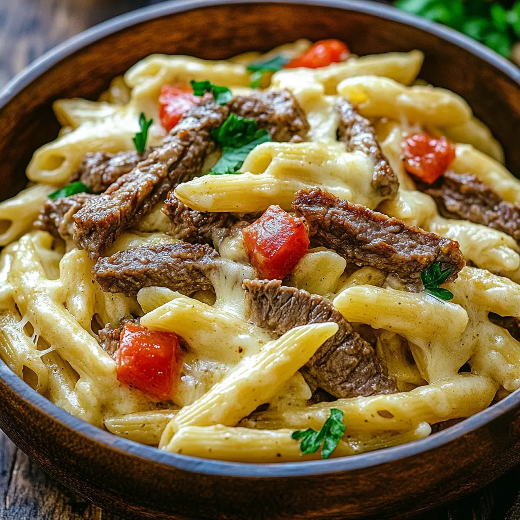 A bowl of pasta with meat and tomatoes.