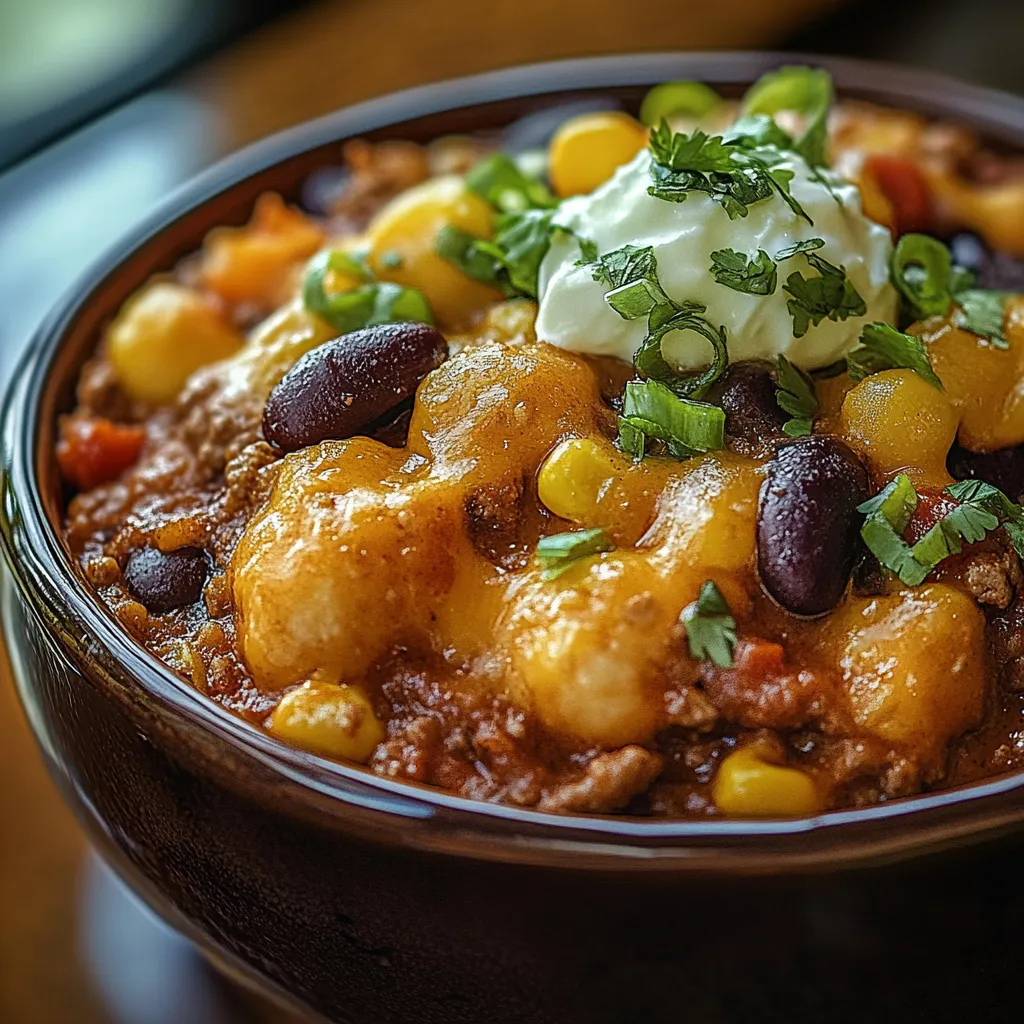 A bowl of chili with a dollop of sour cream on top.