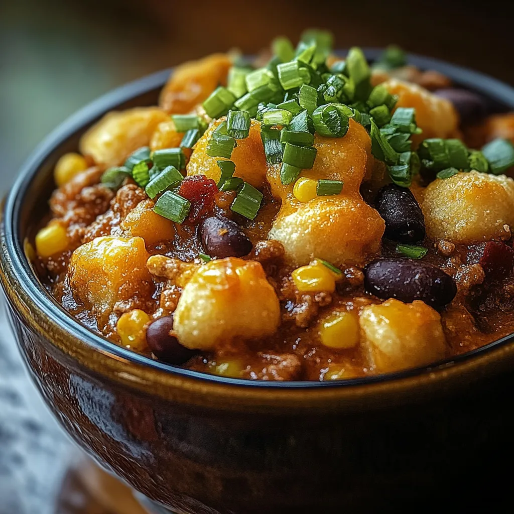 A bowl of chili with beans and corn.