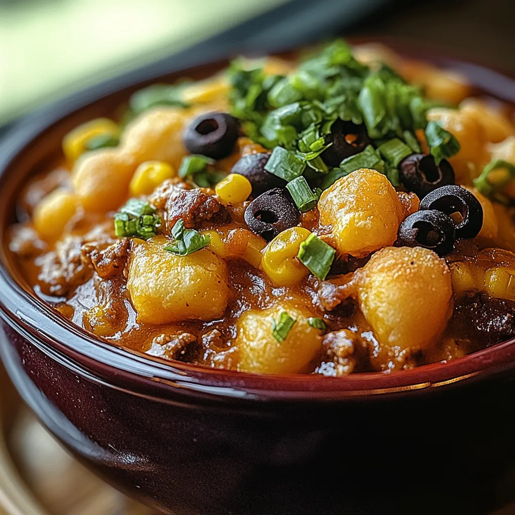 A bowl of soup with corn and black olives.