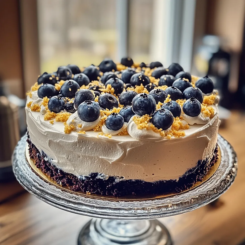 A cake with blueberries and cream on a glass plate.
