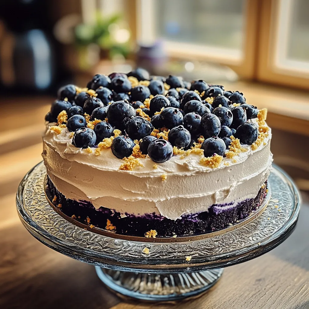 A cake with blueberries on top.
