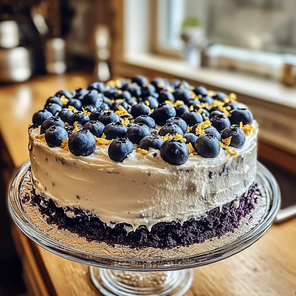 A cake with blueberries on top.