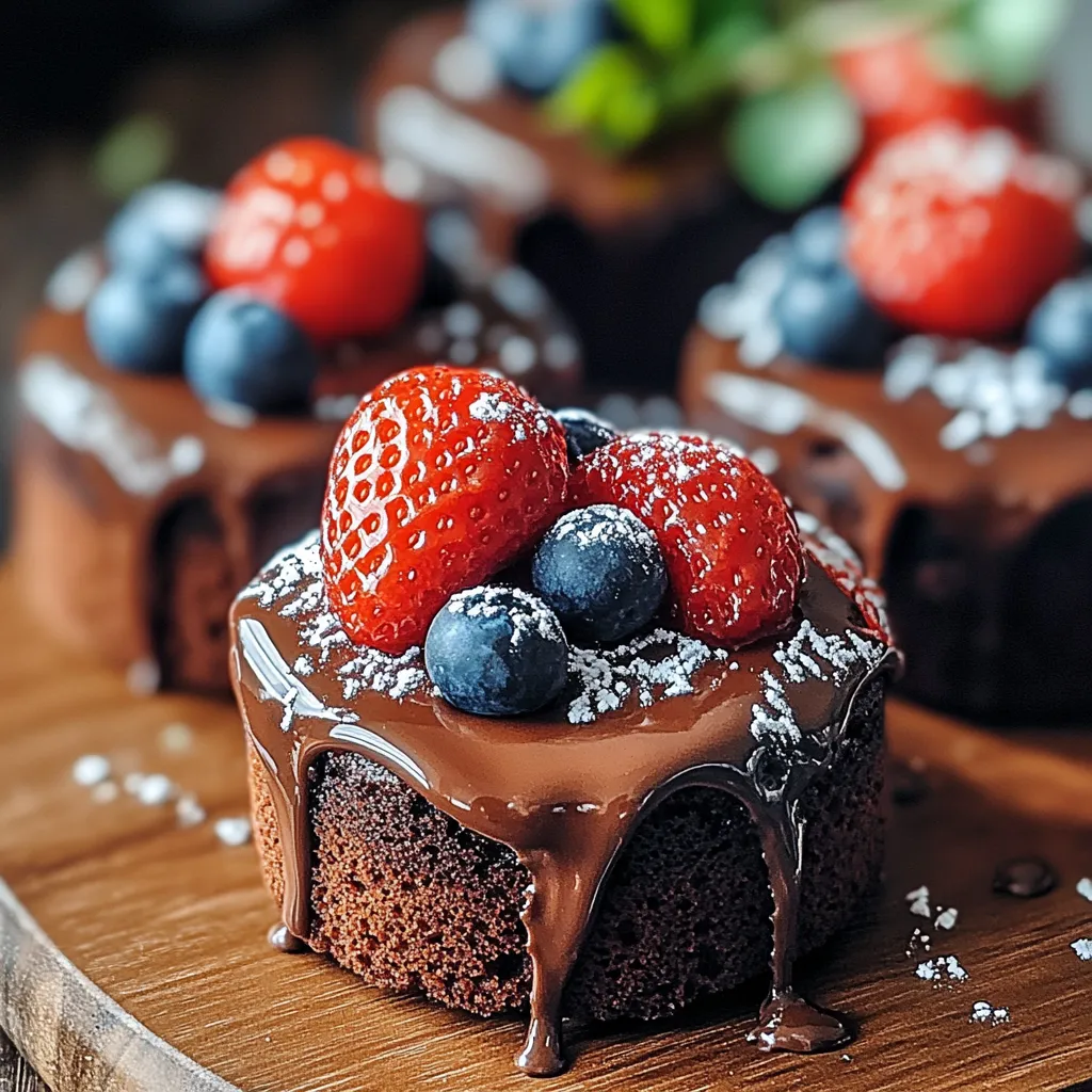 A chocolate cake with strawberries and blueberries on top.