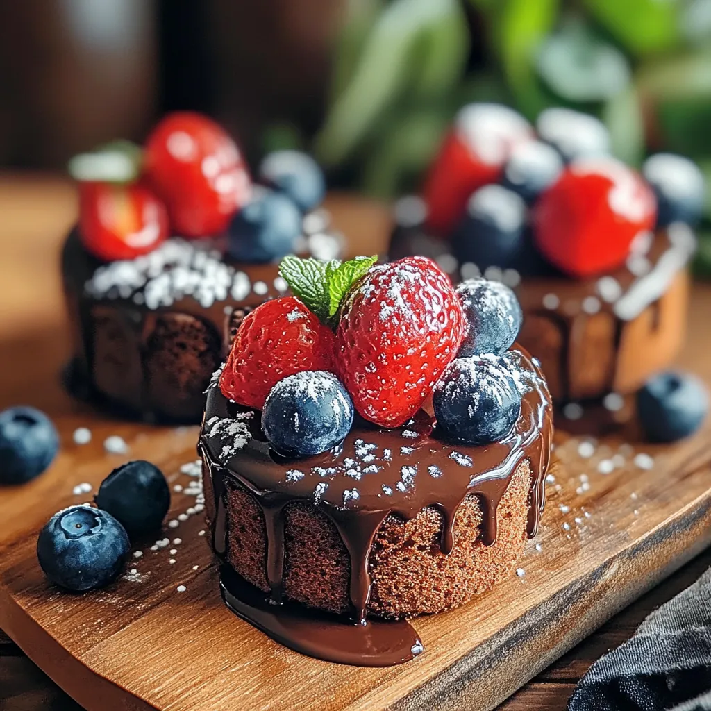 Chocolate cake with strawberries and blueberries.