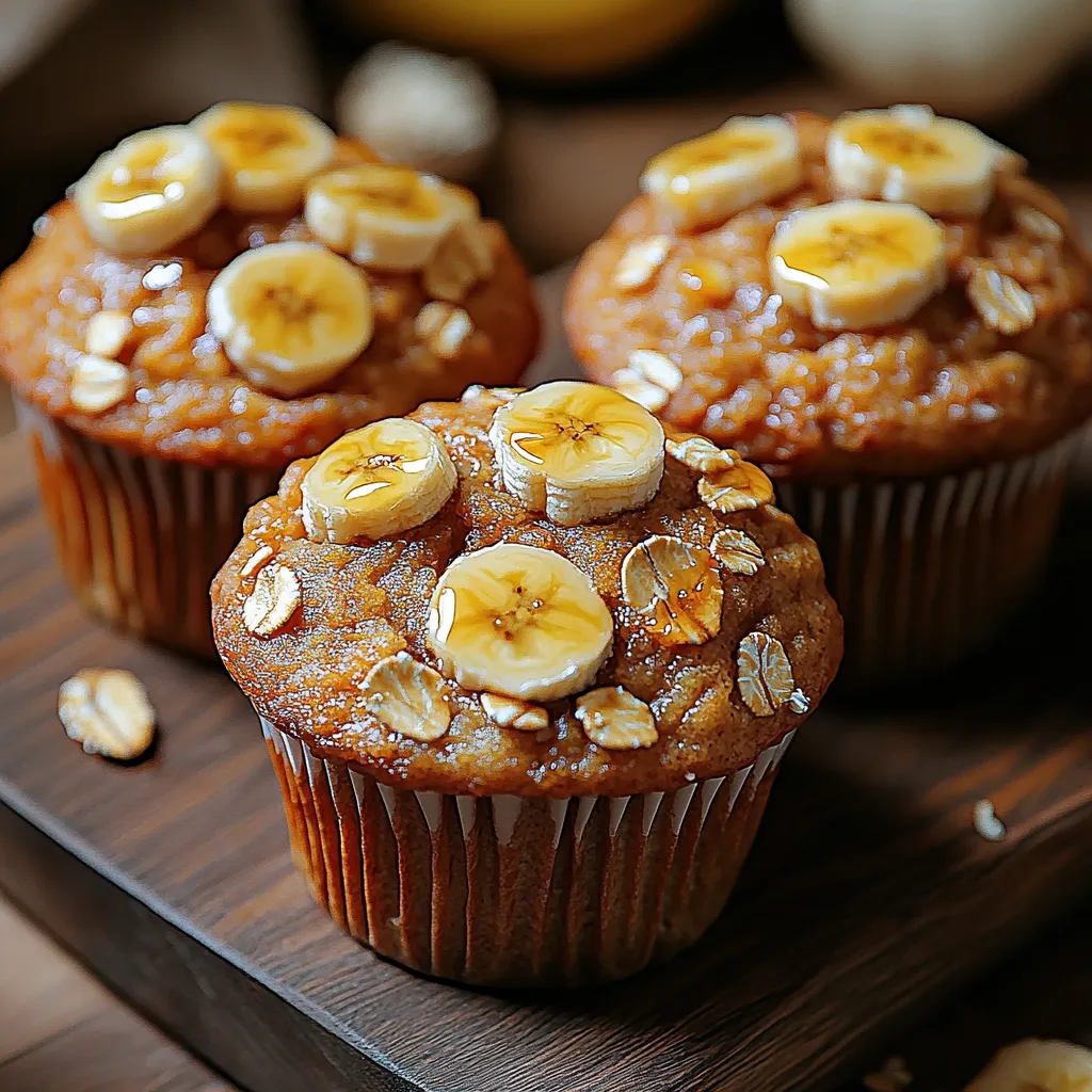 Three muffins with bananas on top.