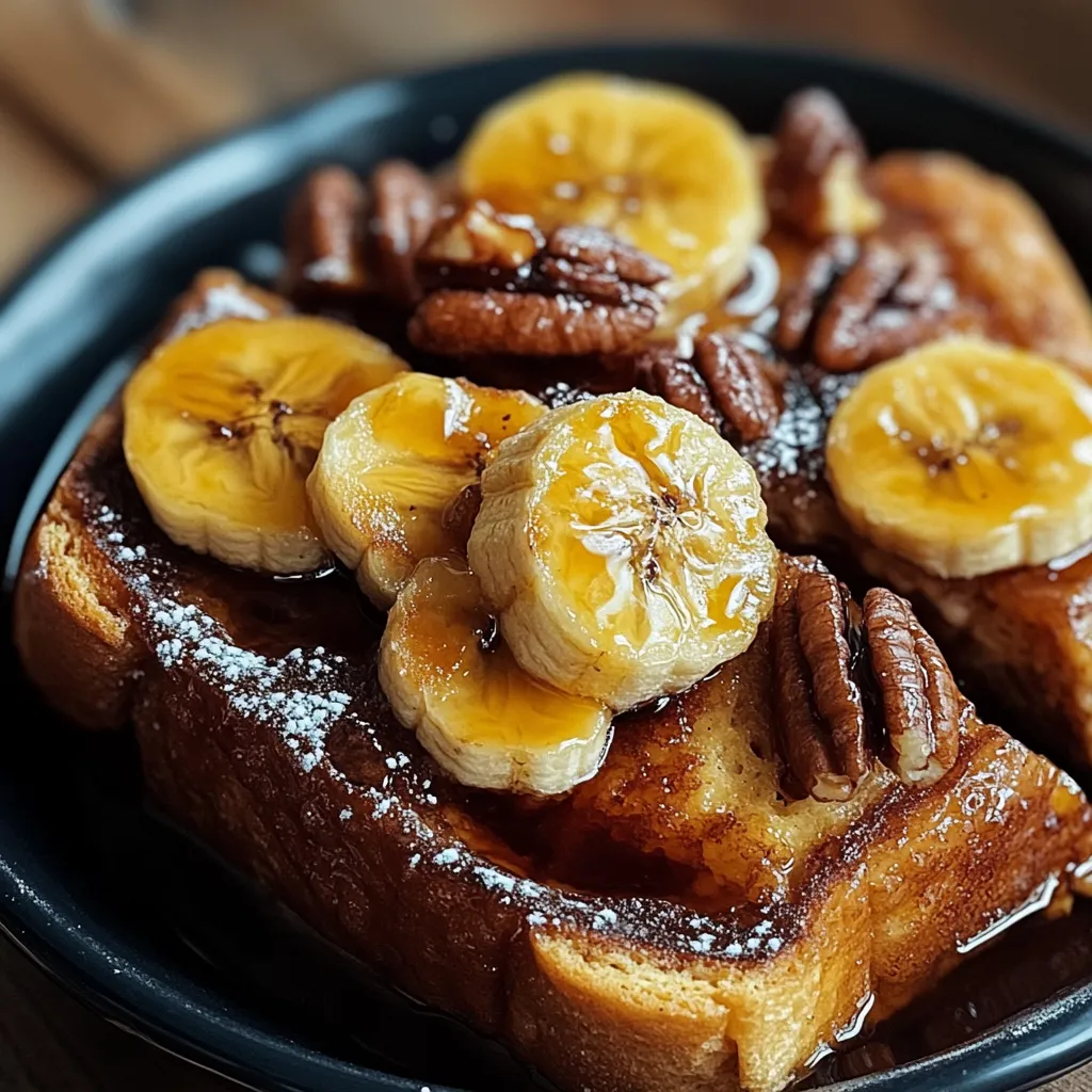 A plate of French toast with bananas and walnuts.