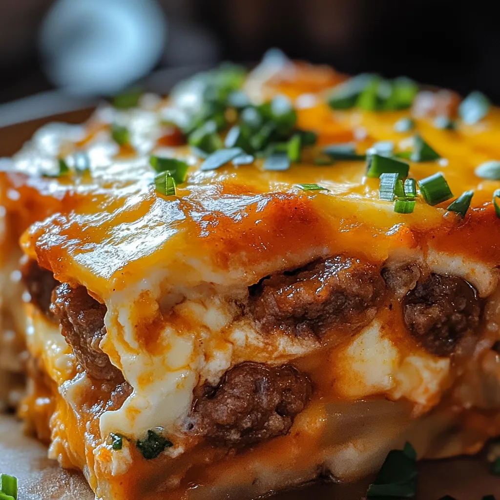 A slice of lasagna with green onions on top.