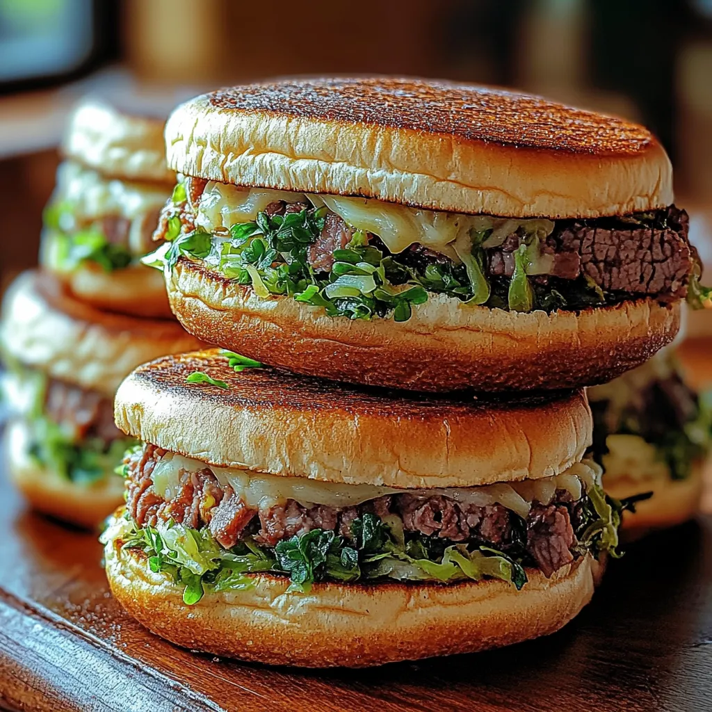 Three burgers stacked on a table.