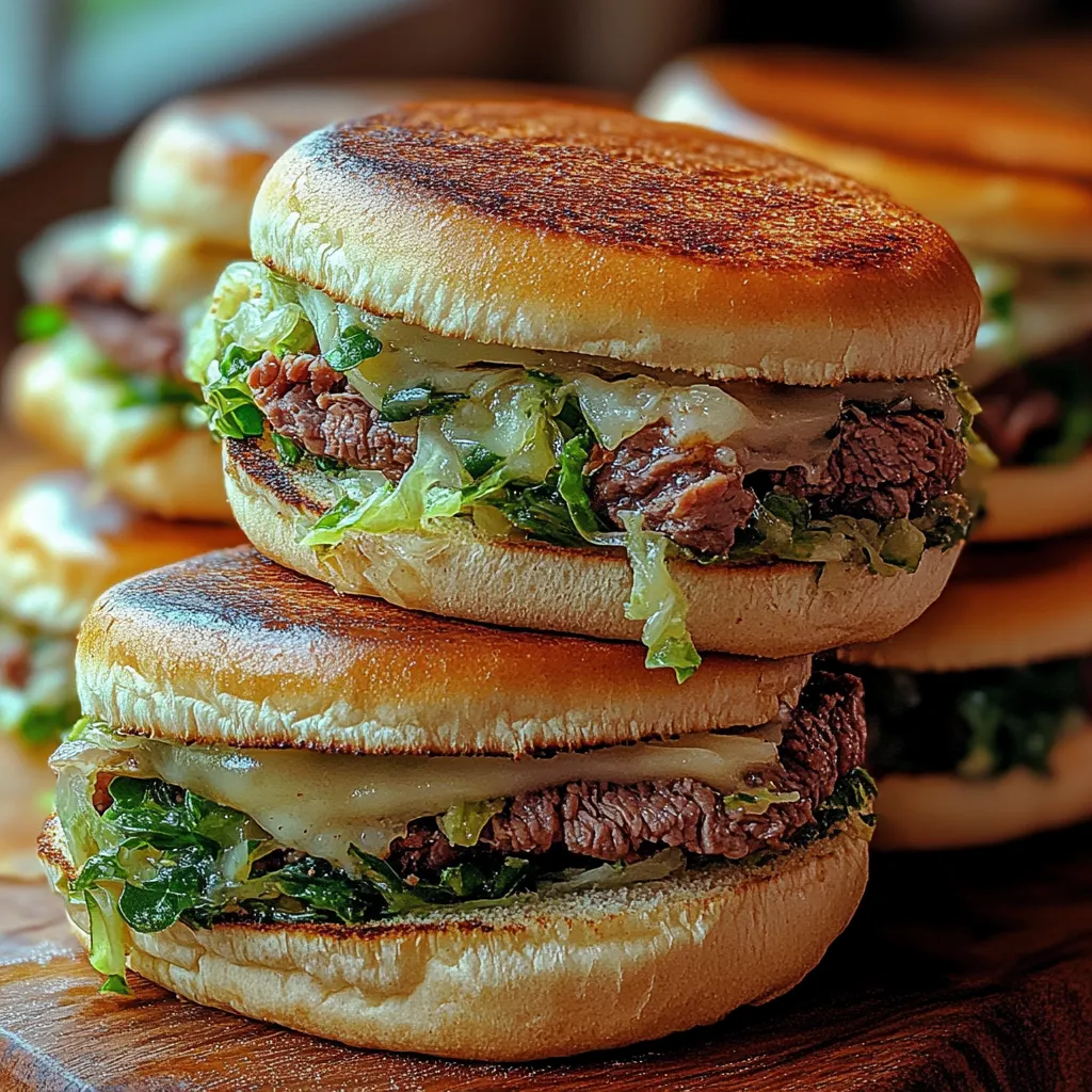 A stack of three burgers with lettuce and cheese.