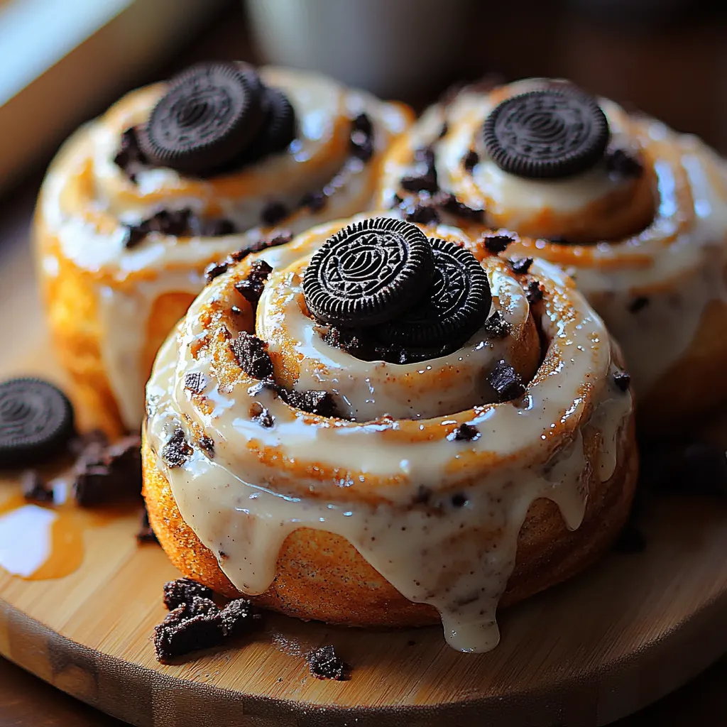 Three donuts with chocolate frosting and Oreo cookies.