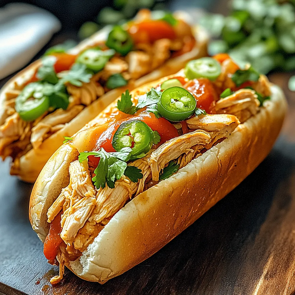 Two chicken sandwiches with jalapenos and tomatoes.
