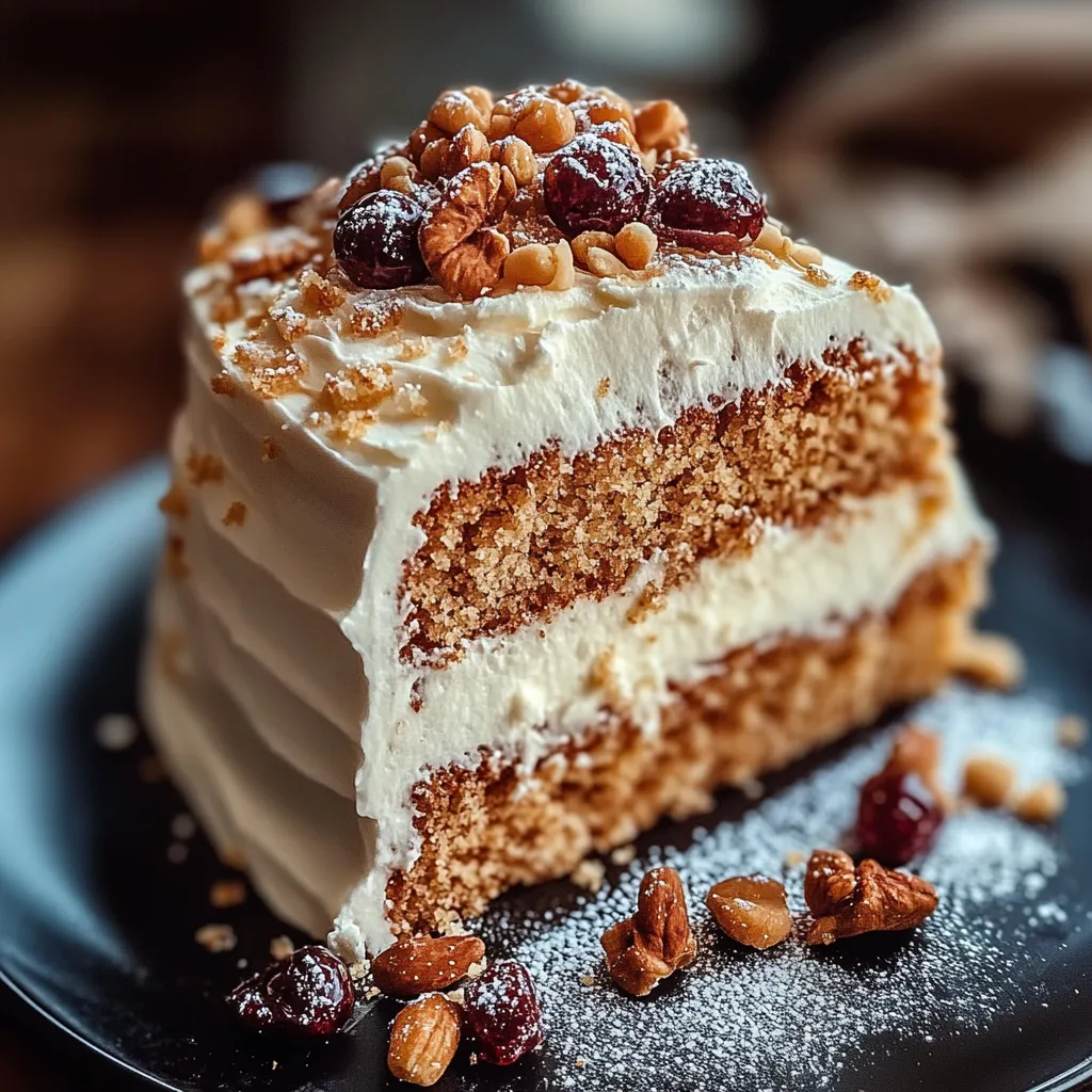 A slice of cake with nuts on top.