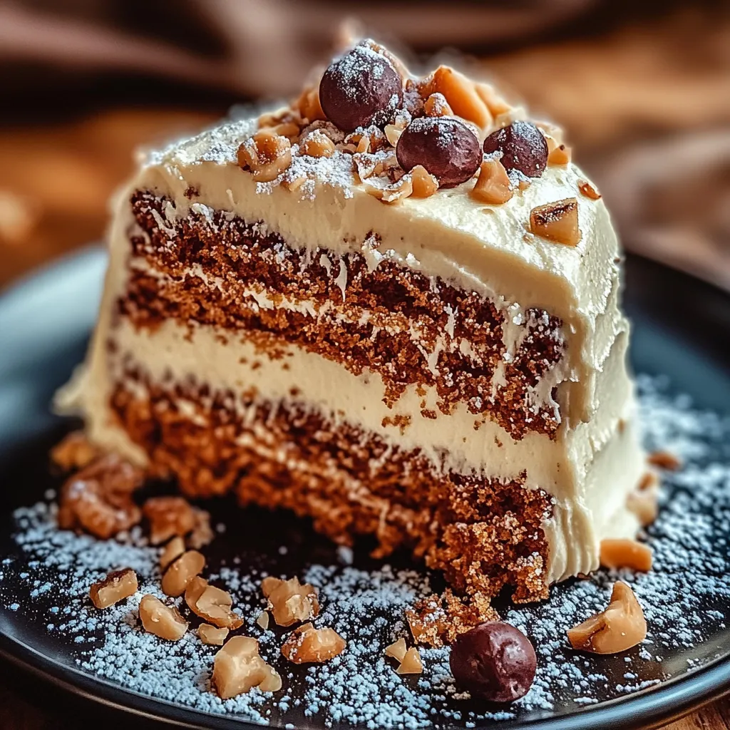 A slice of cake with nuts and chocolate on top.