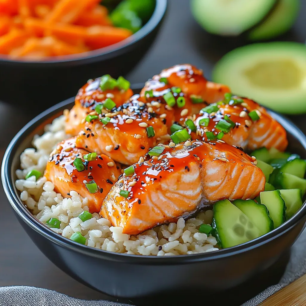 A bowl of food with rice, salmon, and vegetables.