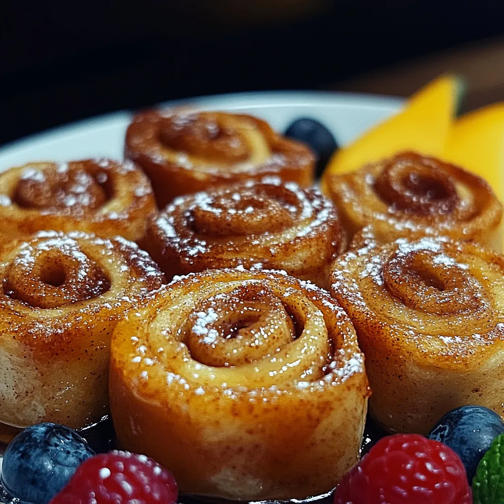 A plate of pastries with powdered sugar and fruit.