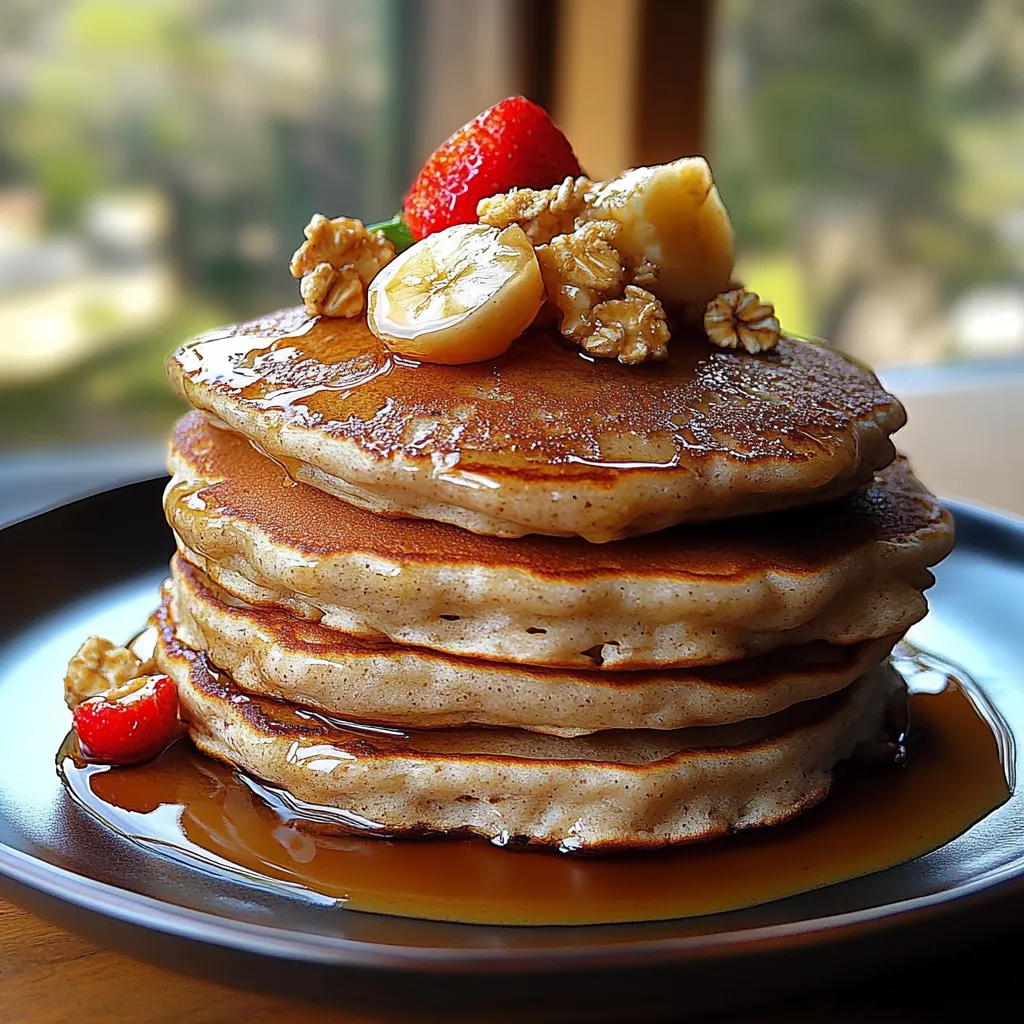 A stack of pancakes with bananas and strawberries on top.