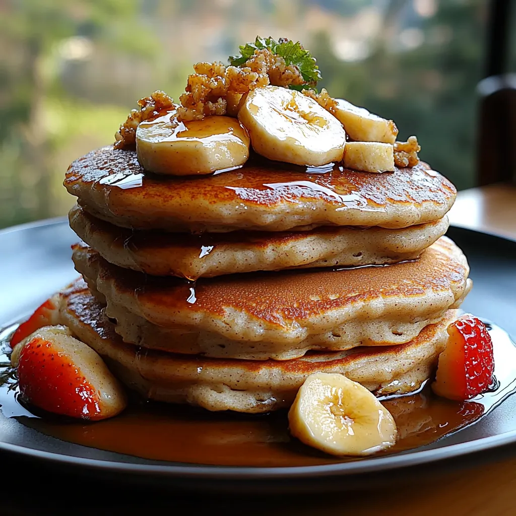 A stack of pancakes with bananas and strawberries on top.