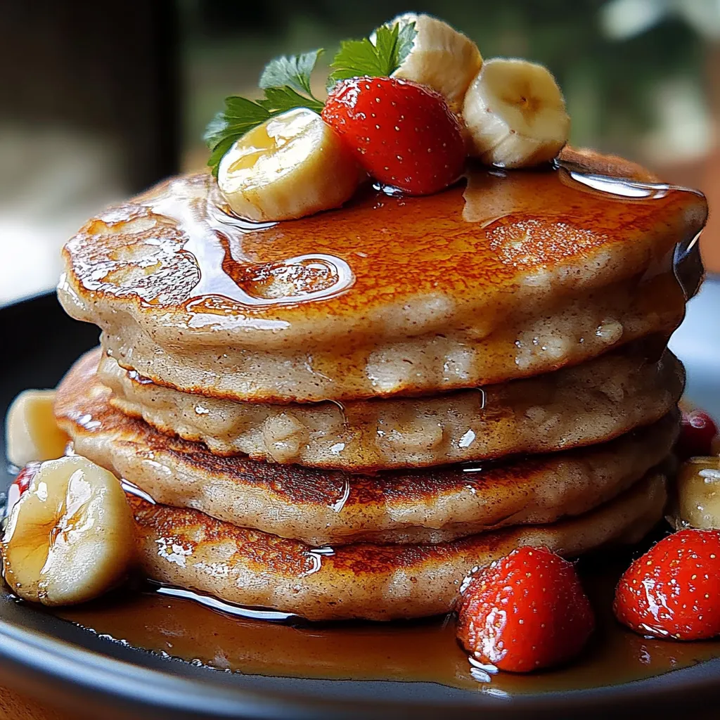 A stack of pancakes with bananas and strawberries on top.