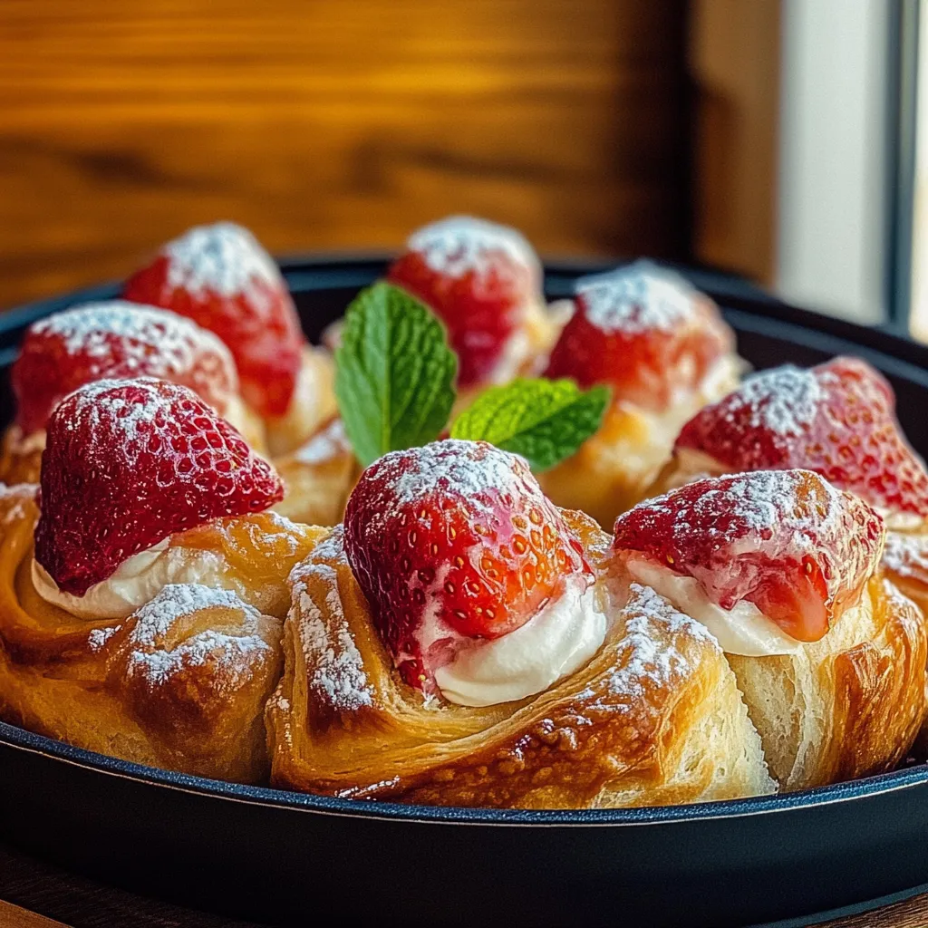 A plate of pastries with strawberries and whipped cream.