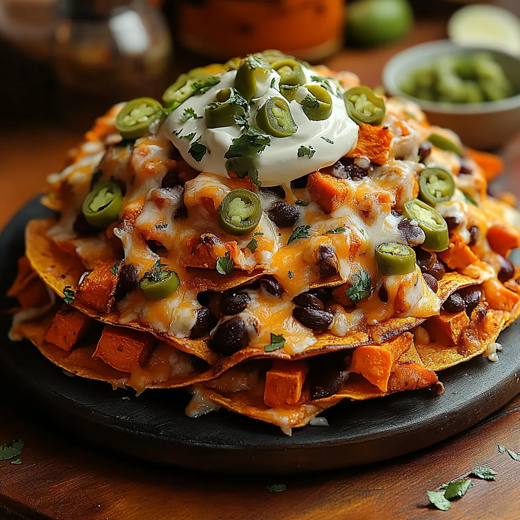 A stack of nachos with white cheese and jalapenos.
