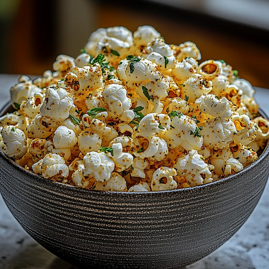 A bowl of popcorn with herbs on top.