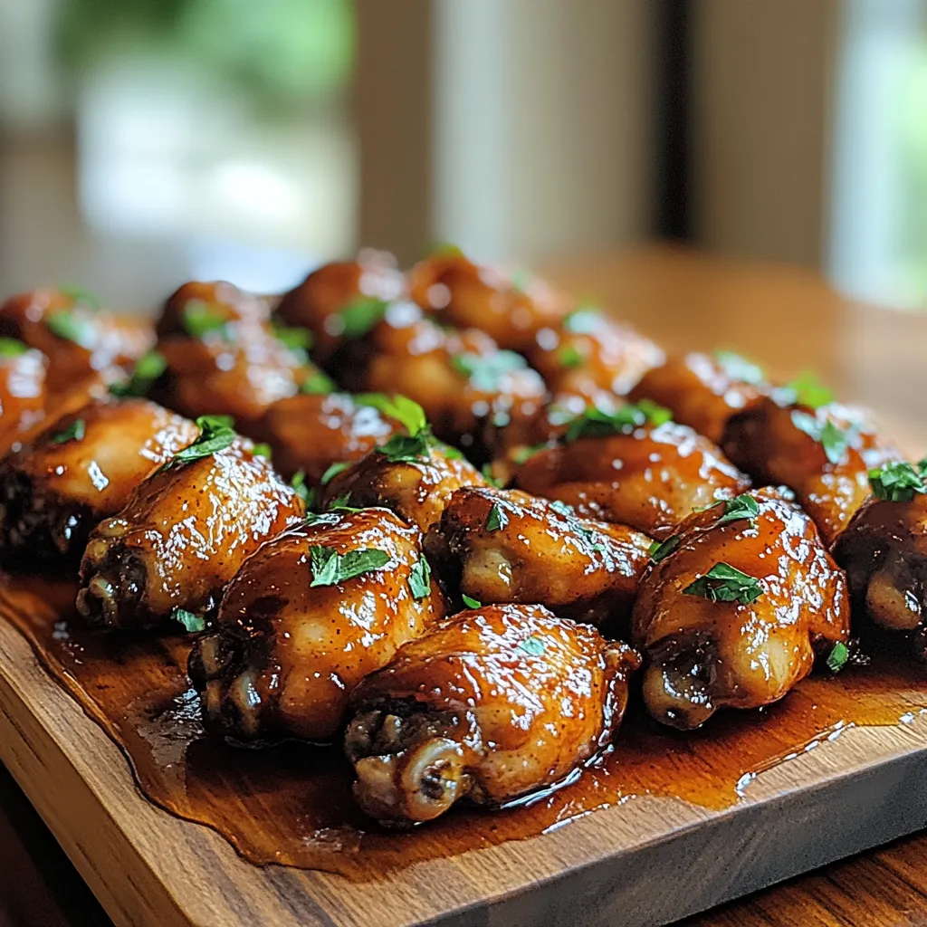 A wooden cutting board with a plate of chicken wings.