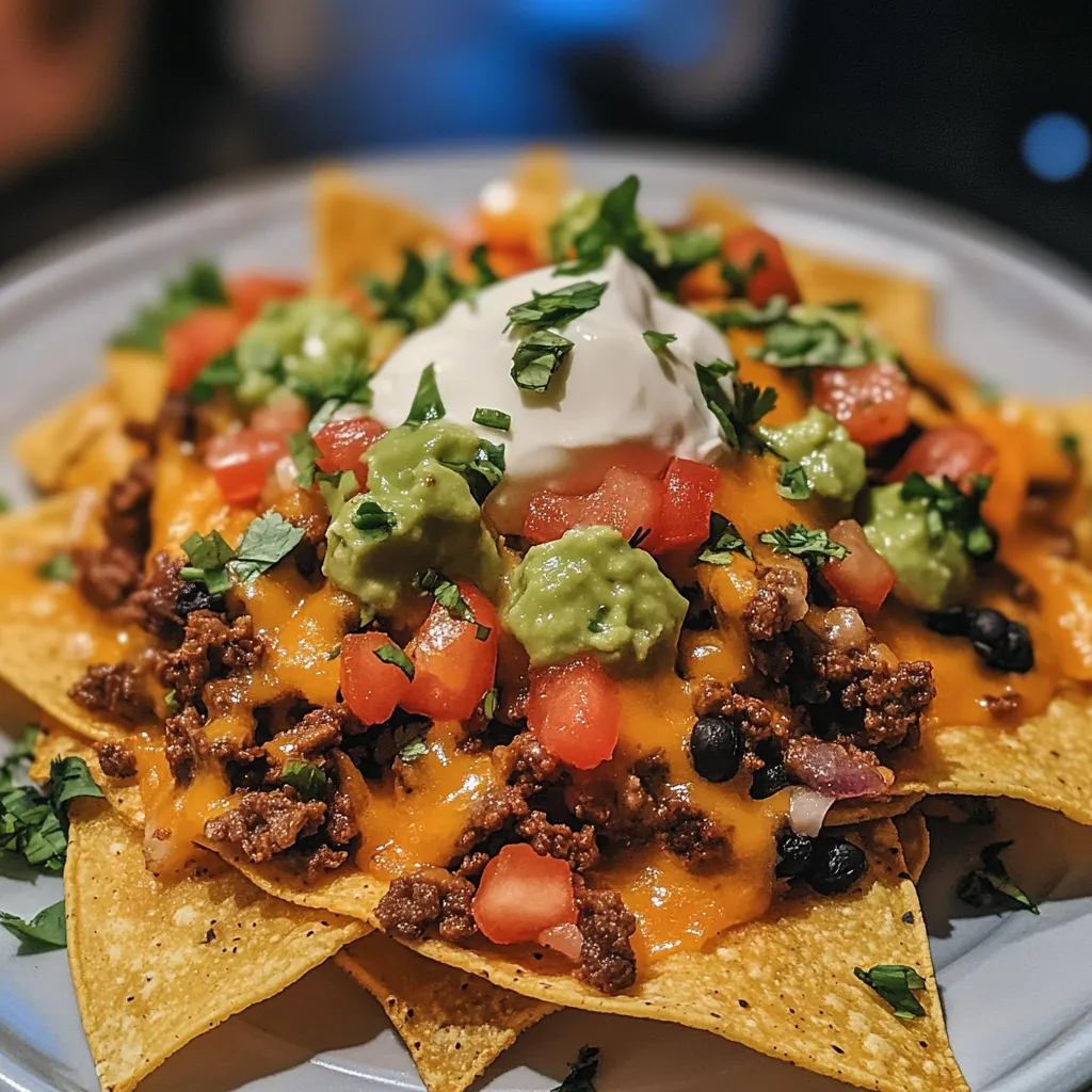 A plate of nachos with guacamole and sour cream.
