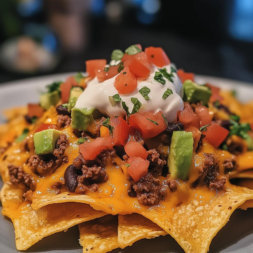 A plate of nachos with guacamole and sour cream on top.