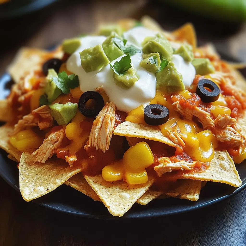 A plate of nachos with chicken and cheese.