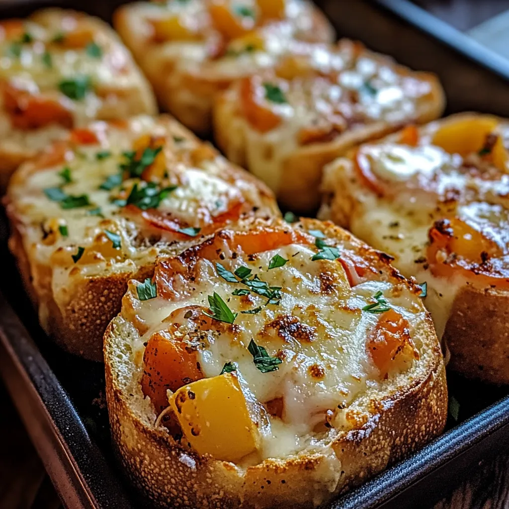 A pan of bread with cheese and tomatoes.