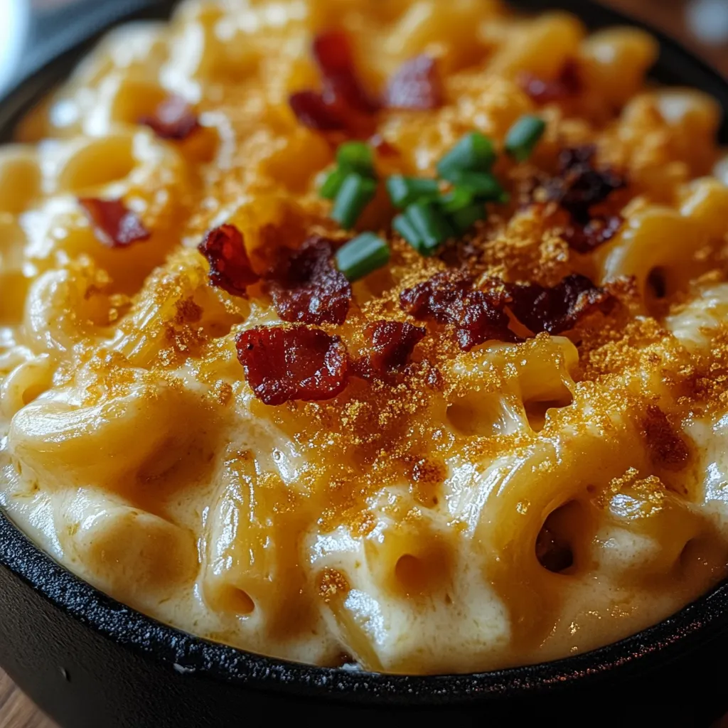 A bowl of macaroni and cheese with bacon.