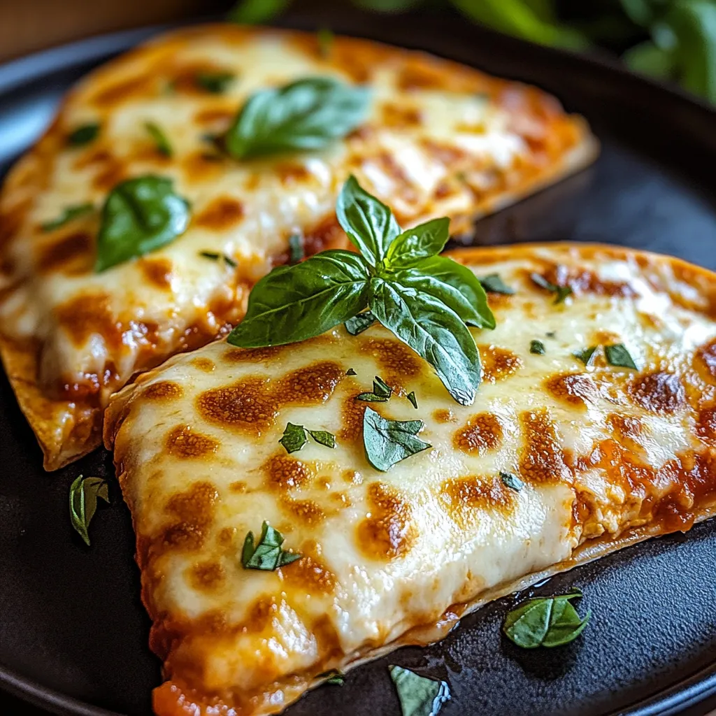 Two pieces of cheese and basil pizza on a black plate.