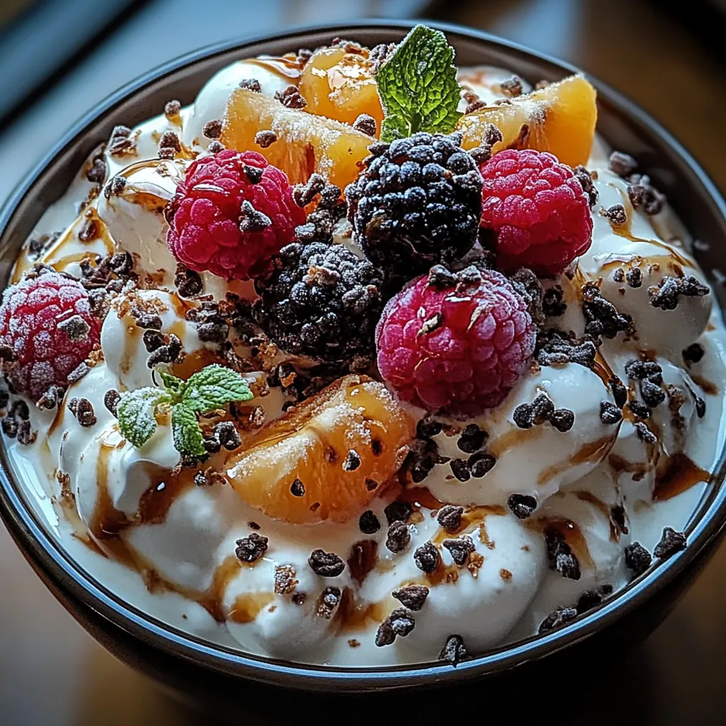 A bowl of fruit with chocolate sauce.