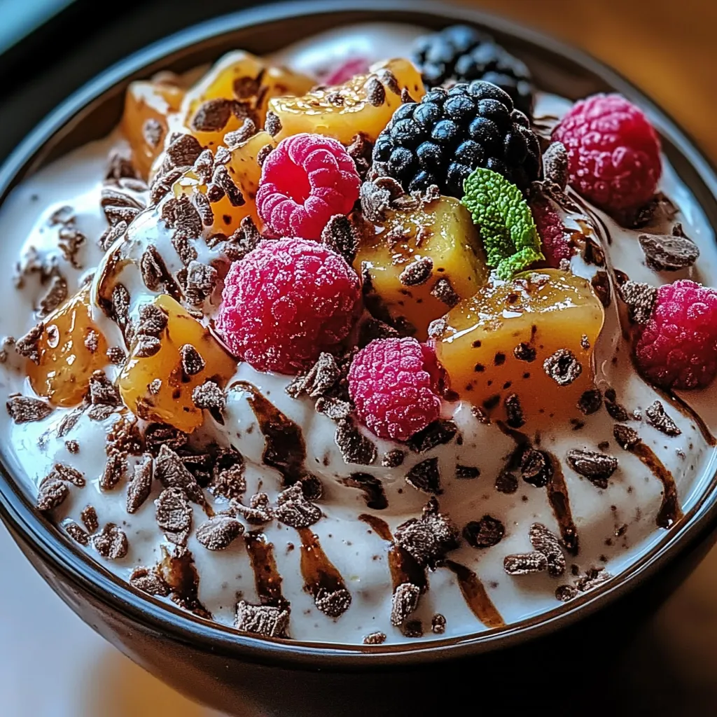 A bowl of fruit with chocolate sauce.