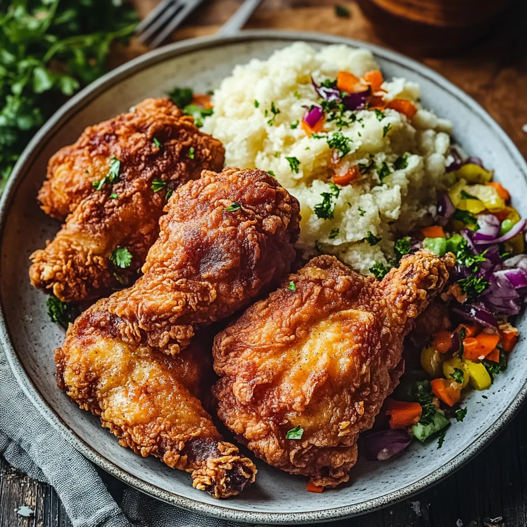 A plate of fried chicken and mashed potatoes.