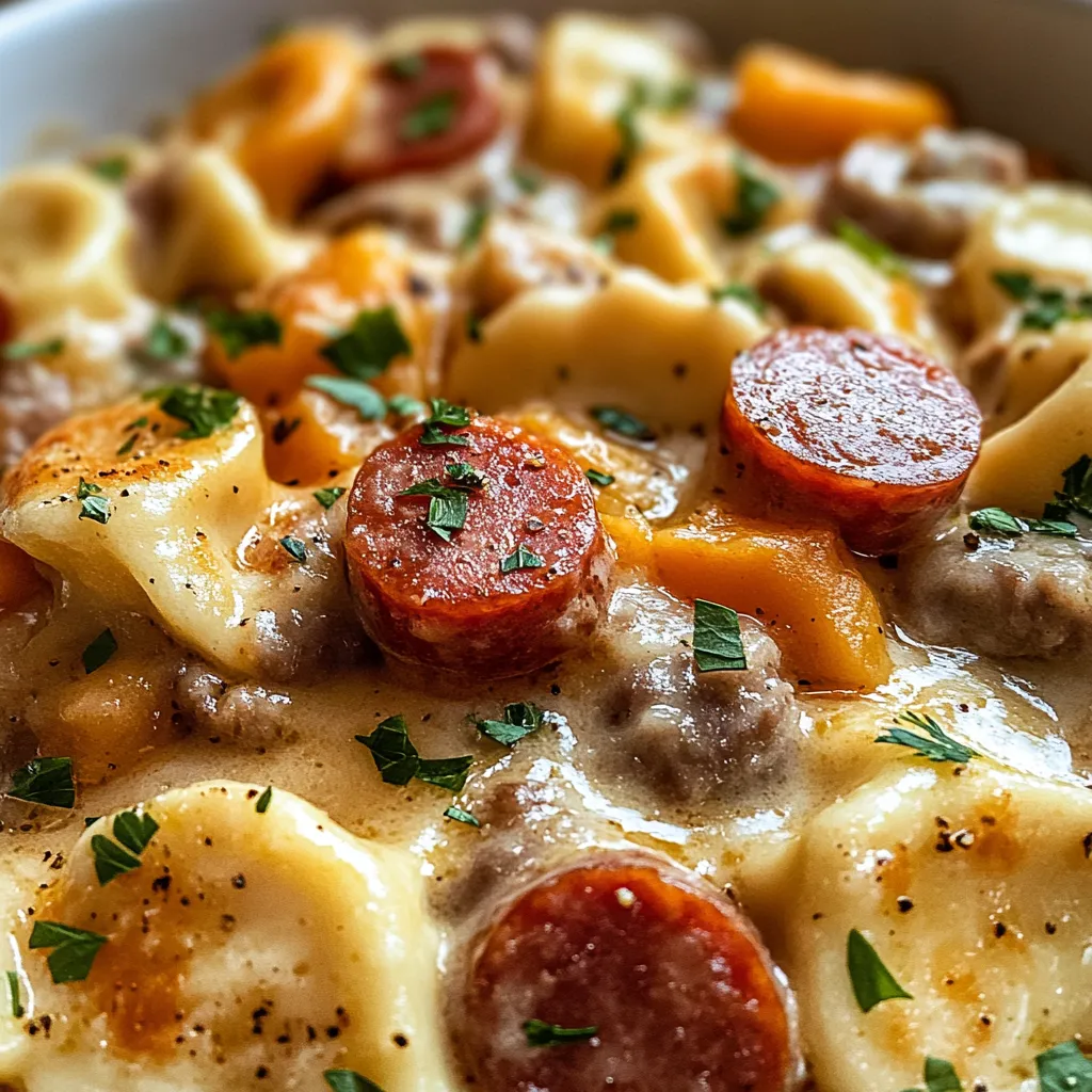 A bowl of pasta with meatballs and sausage.