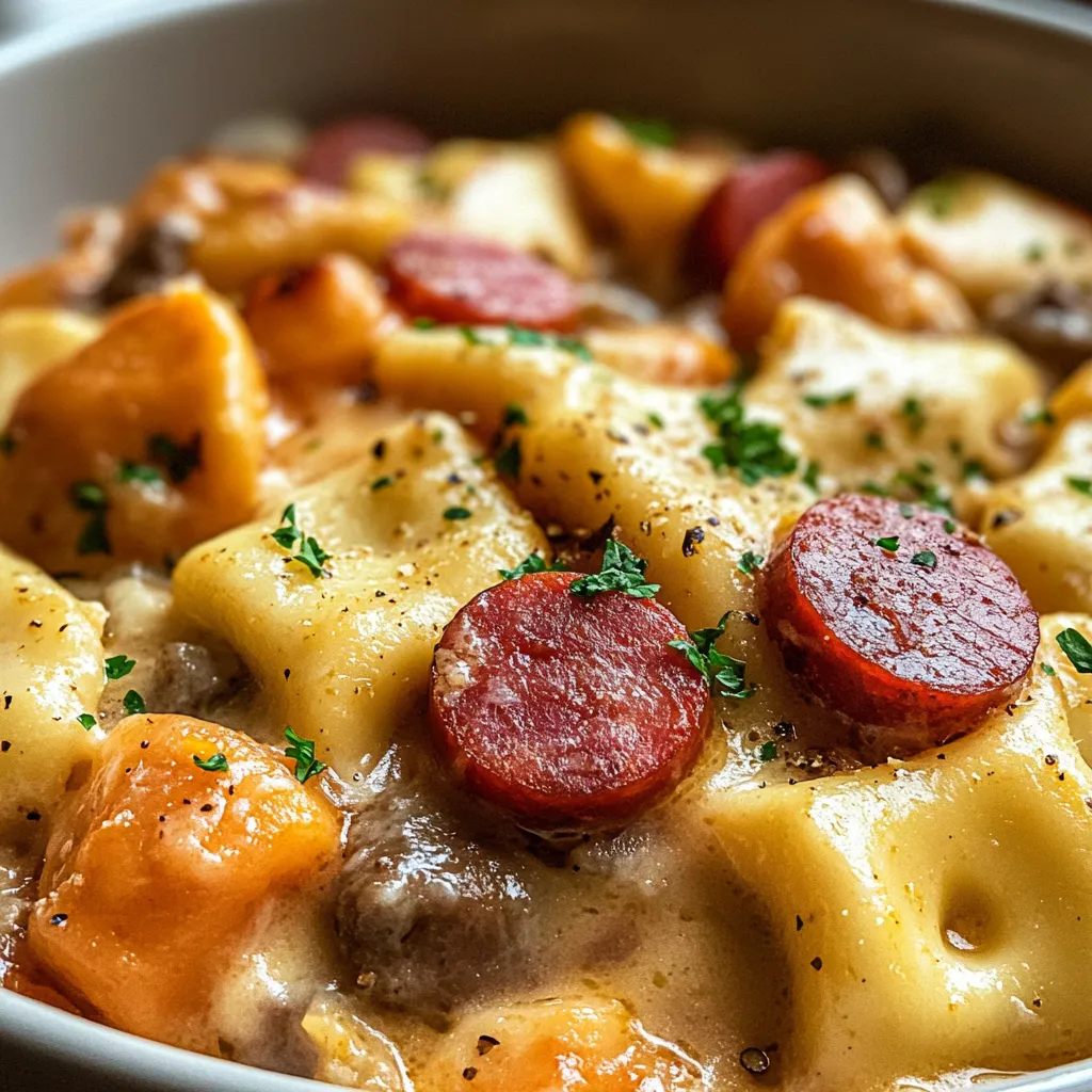 A bowl of pasta with meat and vegetables.