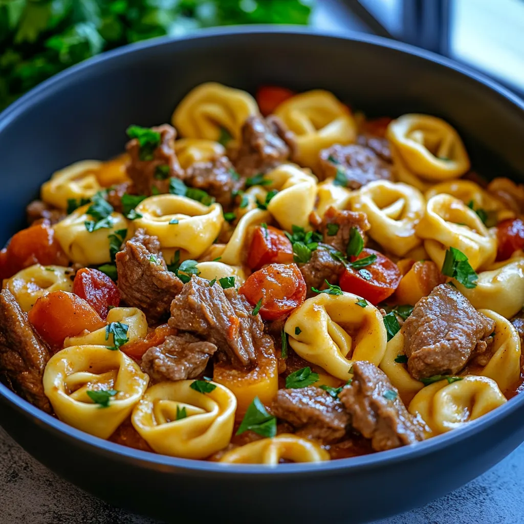 A bowl of pasta with meat and tomatoes.