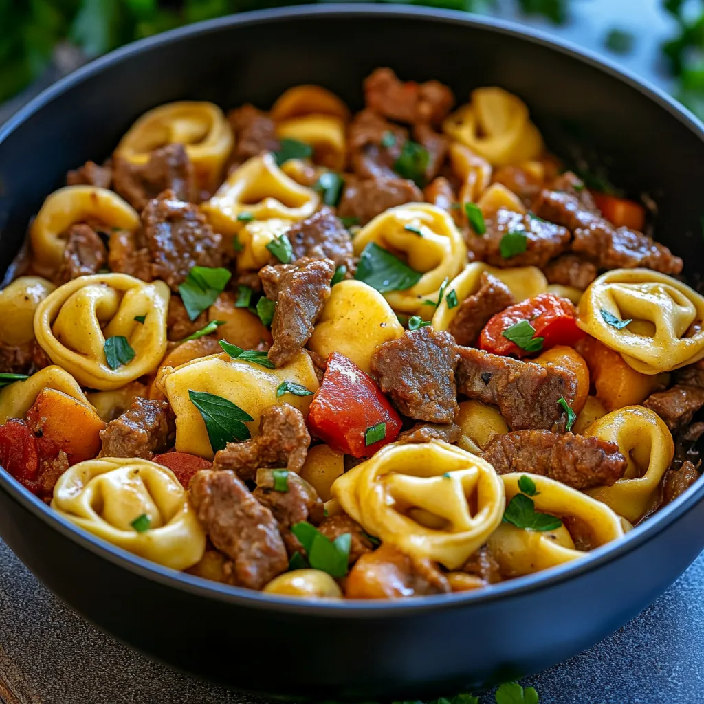 A bowl of pasta with meat and vegetables.
