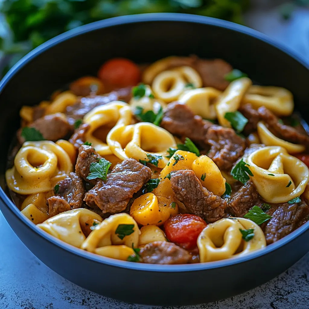 A bowl of pasta with meat and vegetables.
