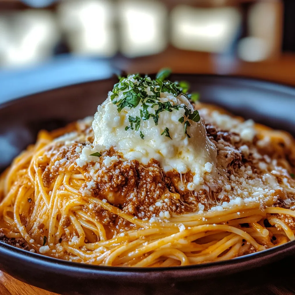 A bowl of spaghetti with meat sauce and cheese on top.