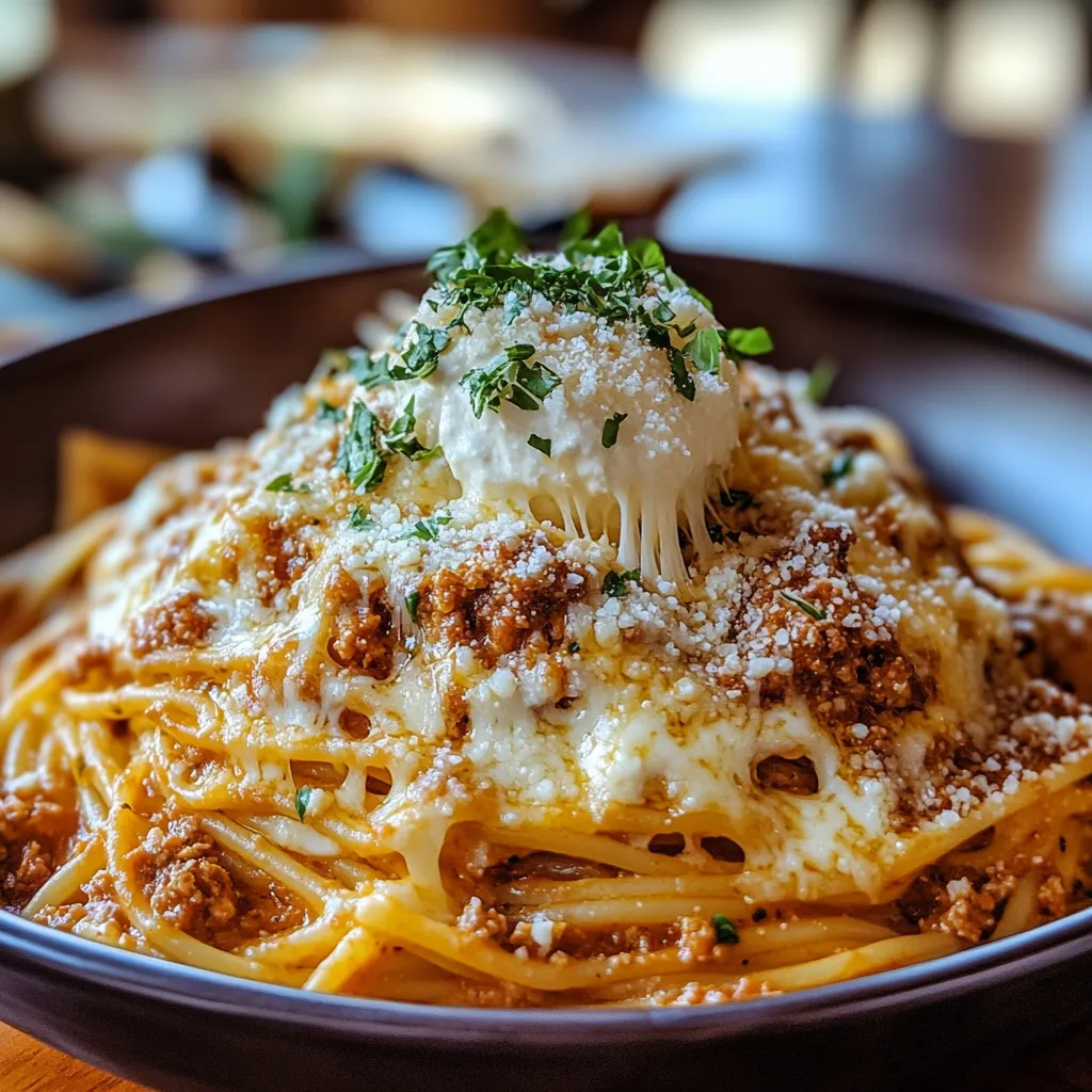 A bowl of pasta with cheese on top.
