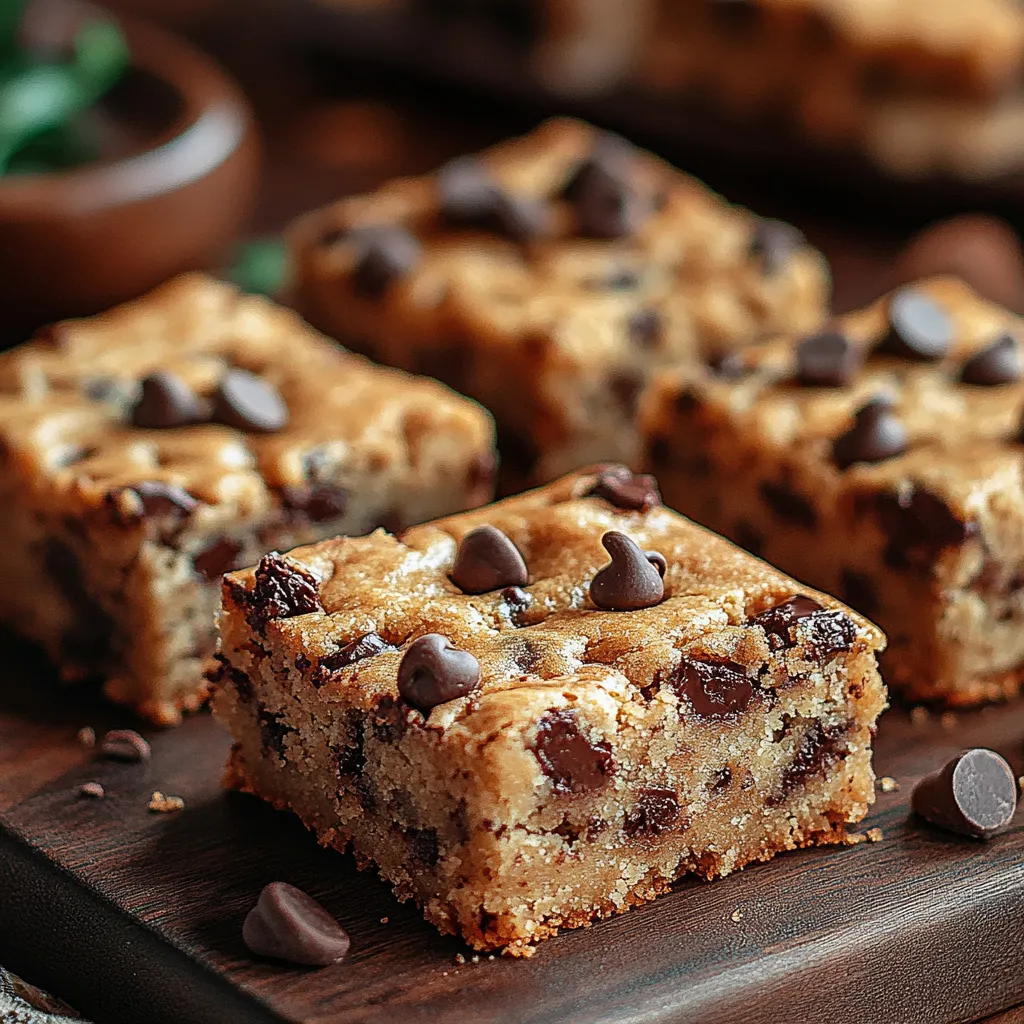 A square of chocolate chip cake on a wooden cutting board.