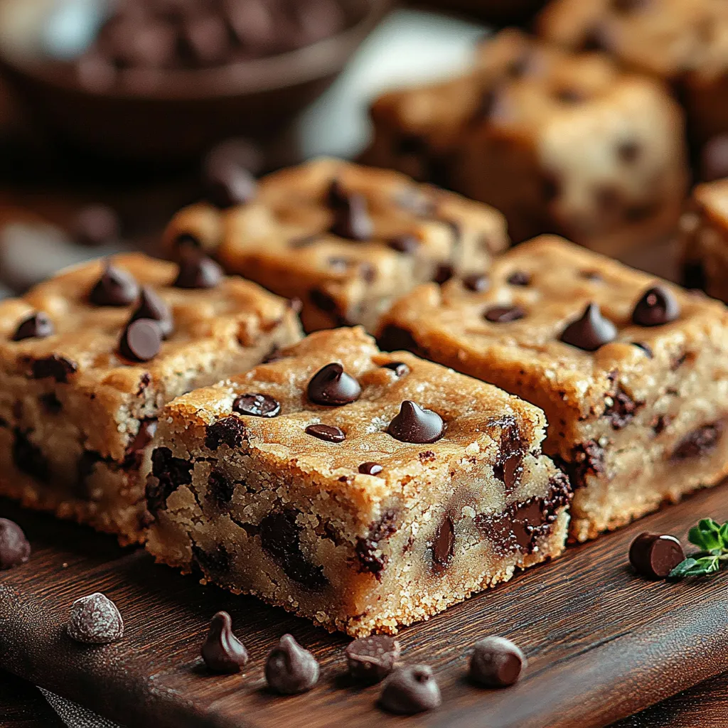 A wooden cutting board with a square of chocolate chip cake on it.