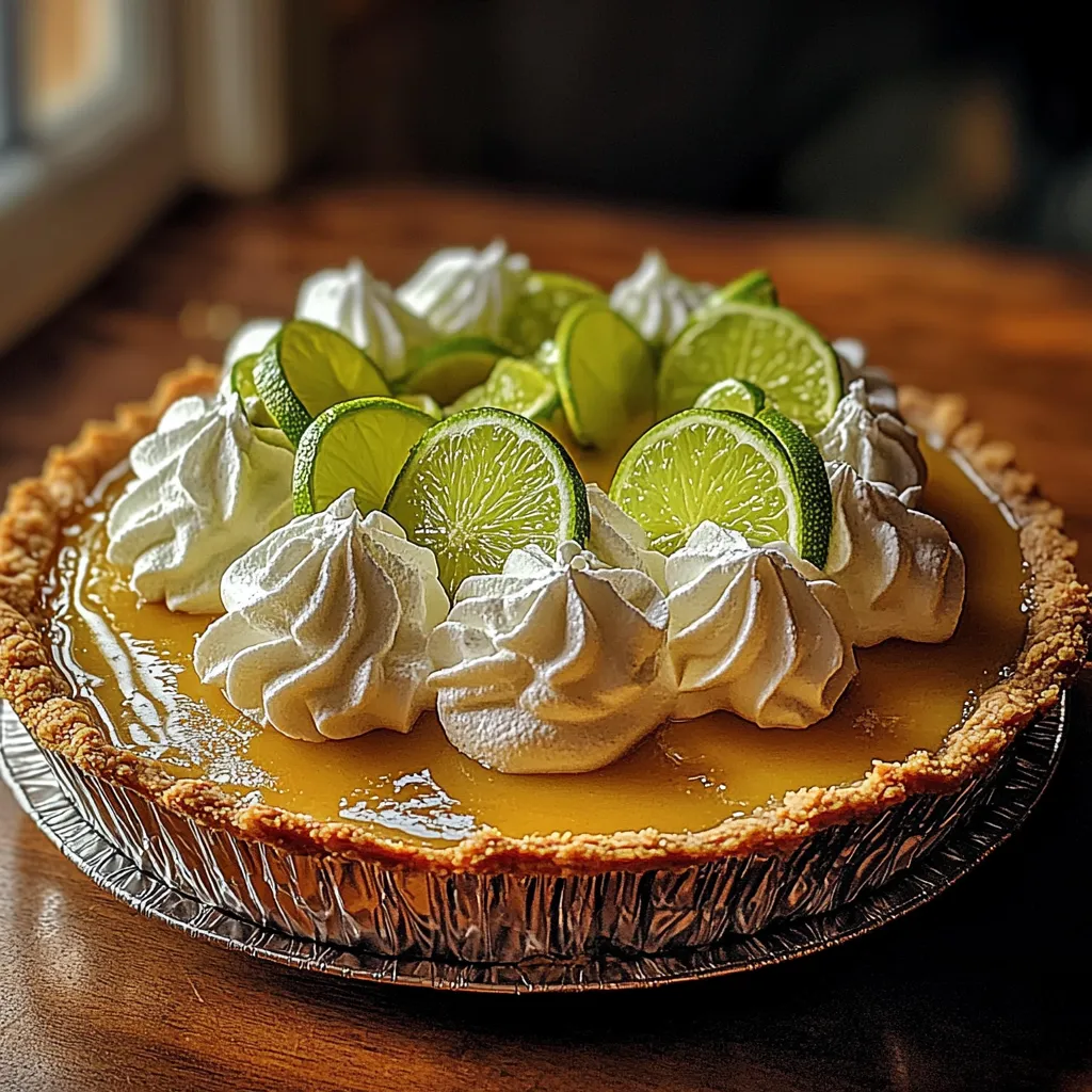 A pie with white whipped cream and lime slices.