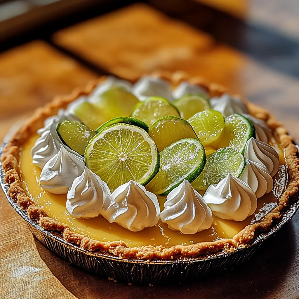 A slice of pie with limes and whipped cream.