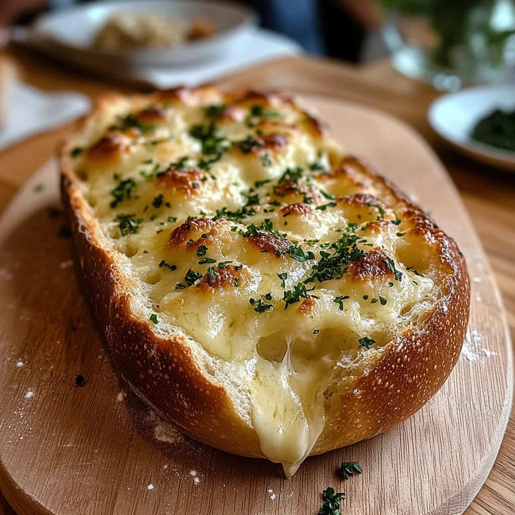 A baked cheese bread on a wooden table.